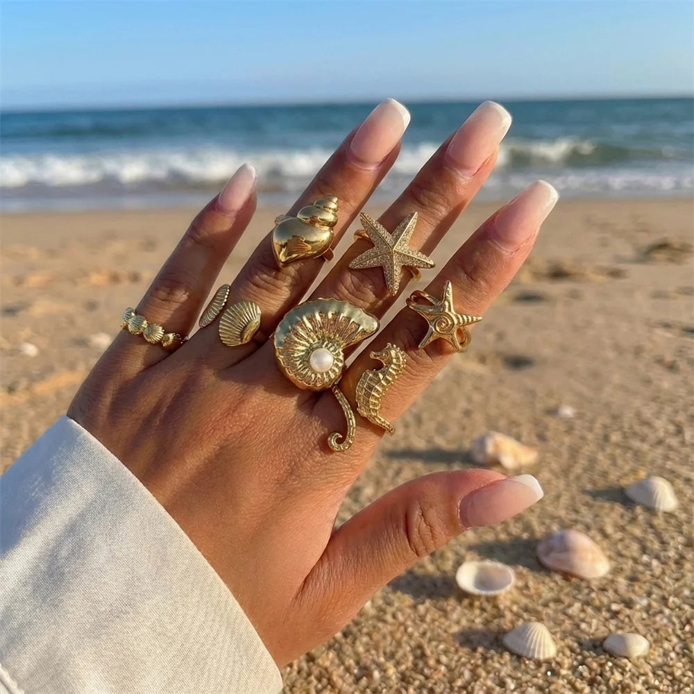 Pearl Starfish Conch Ring Set - VEYAROSE
