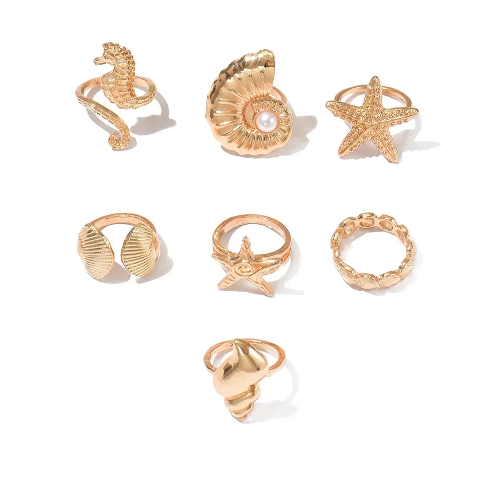 Pearl Starfish Conch Ring Set - VEYAROSE