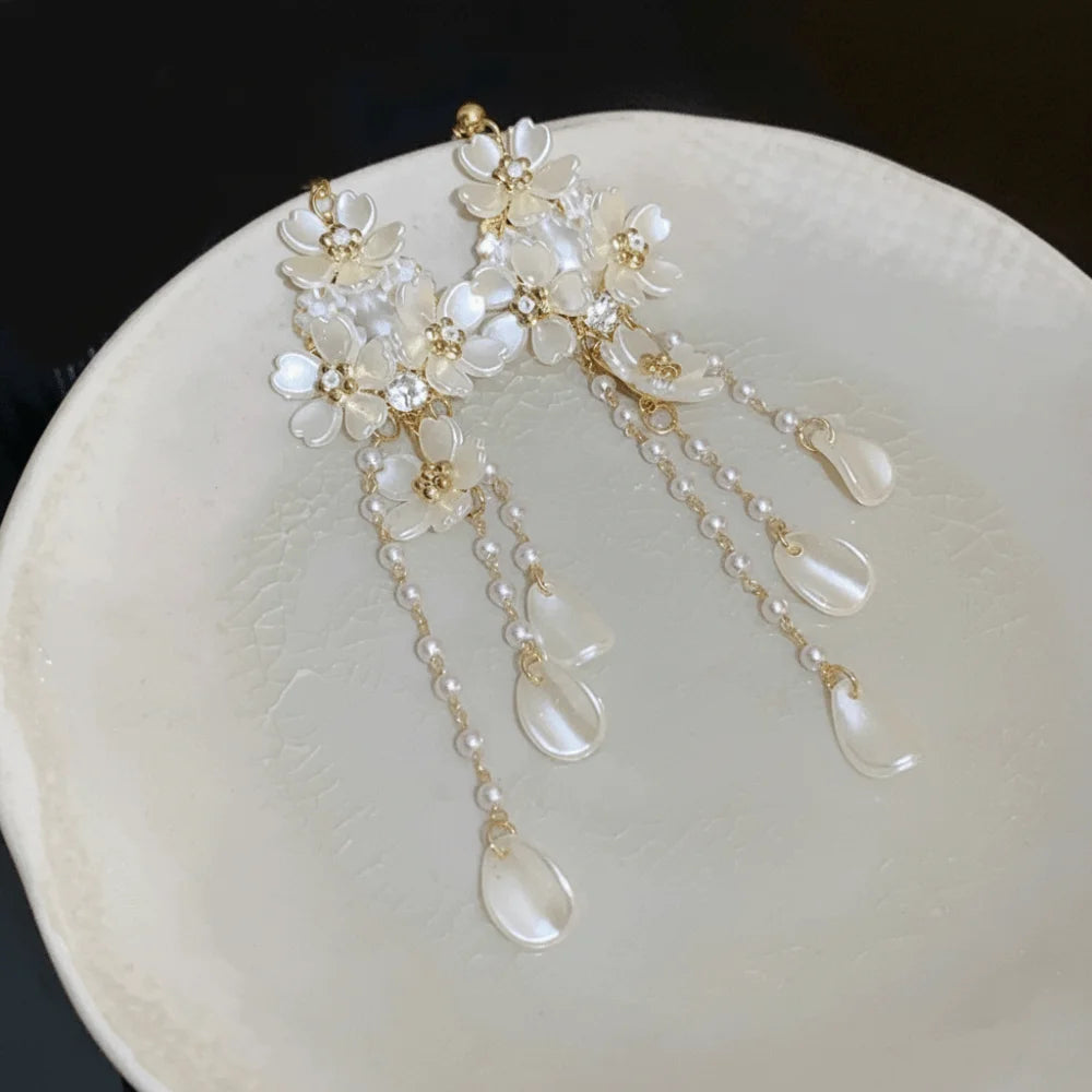 Pearl Flower Tassel Drop Earrings - VEYAROSE