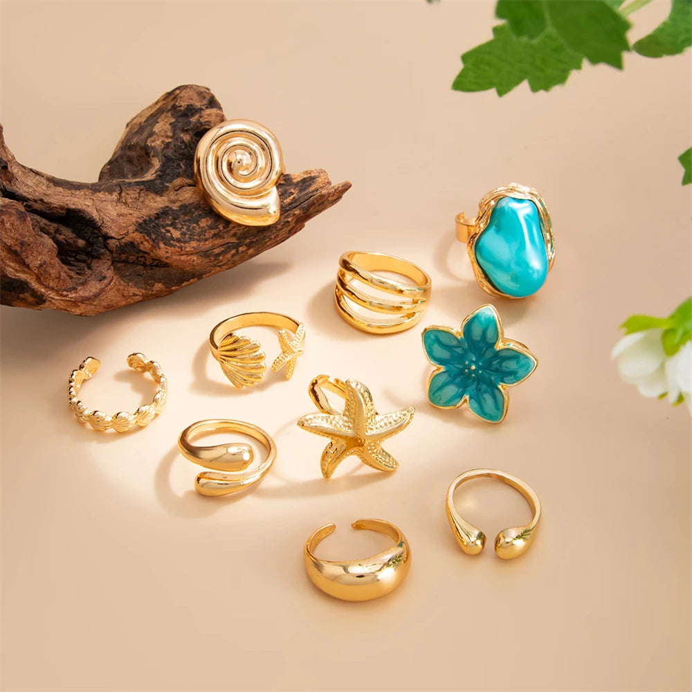 Shell Starfish Flower Ring Set - VEYAROSE