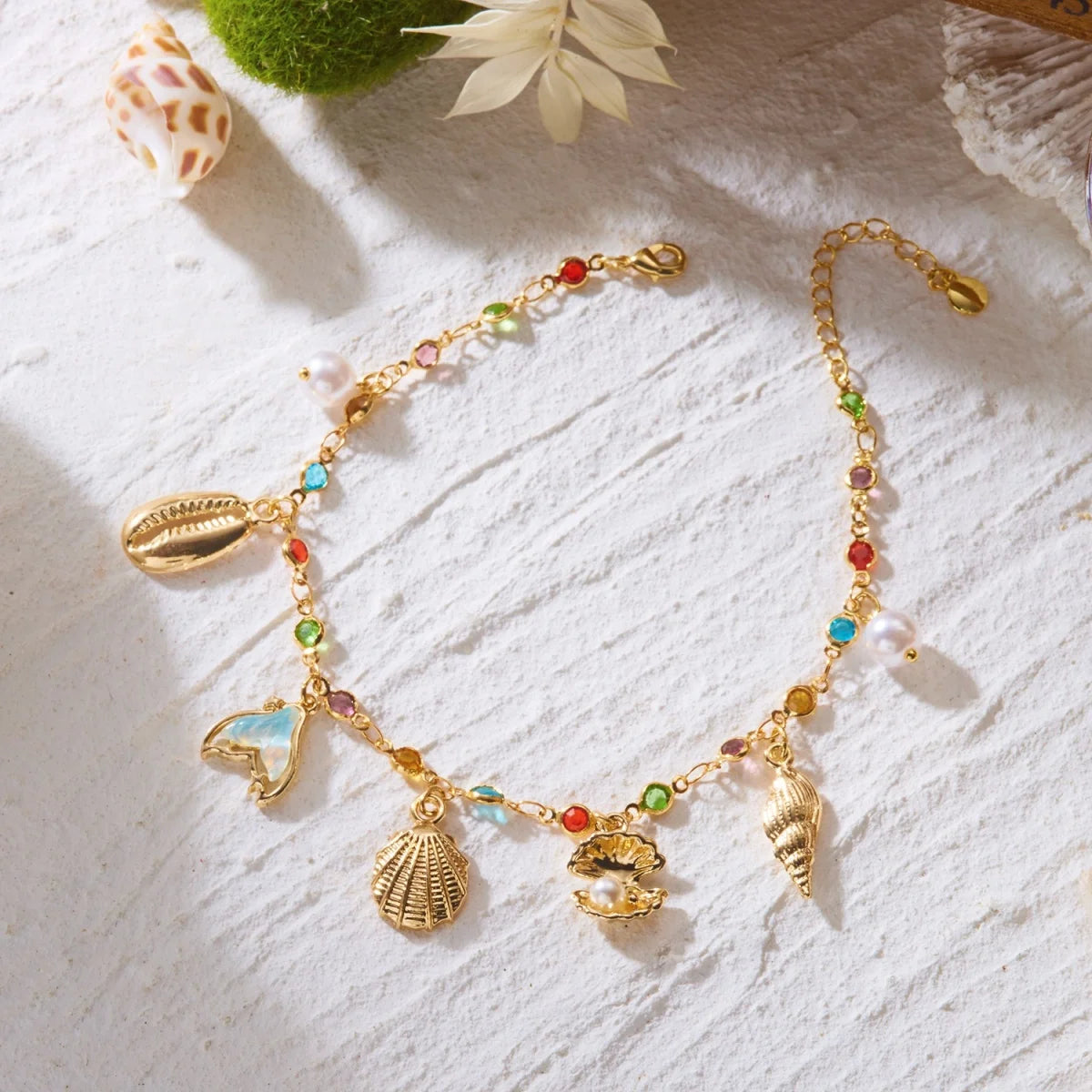 Rhinestone Pearl Shell Anklet - VEYAROSE
