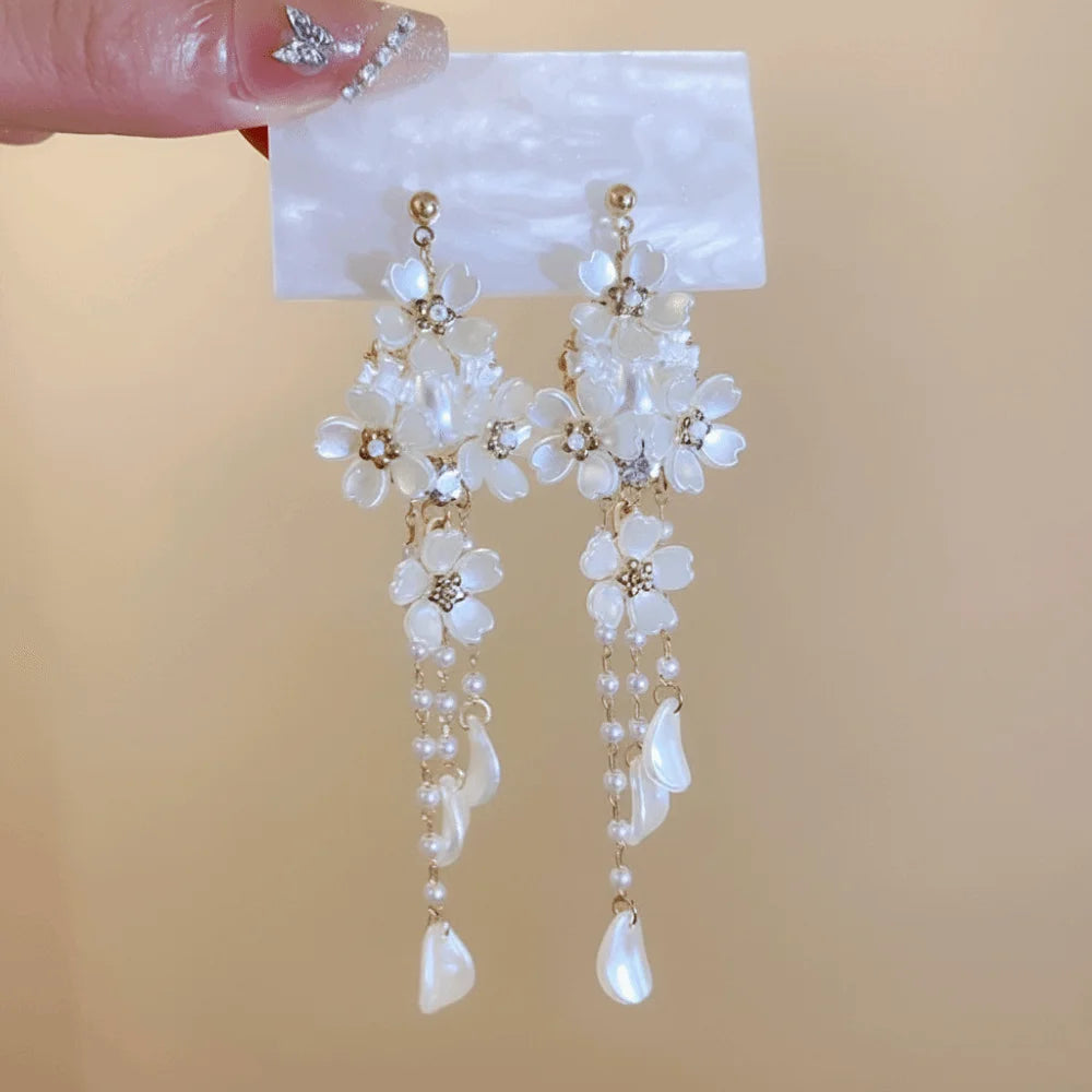 Pearl Flower Tassel Drop Earrings - VEYAROSE