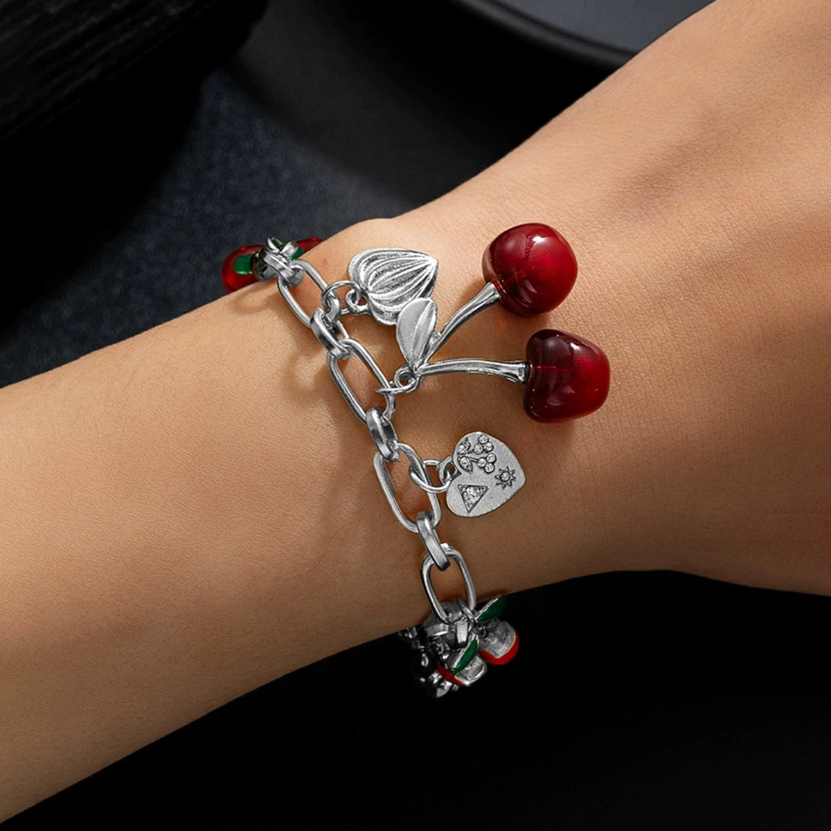 Heart Cherry Bow Bangle Bracelet - VEYAROSE