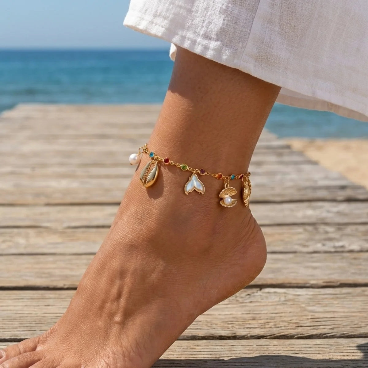 Rhinestone Pearl Shell Anklet - VEYAROSE