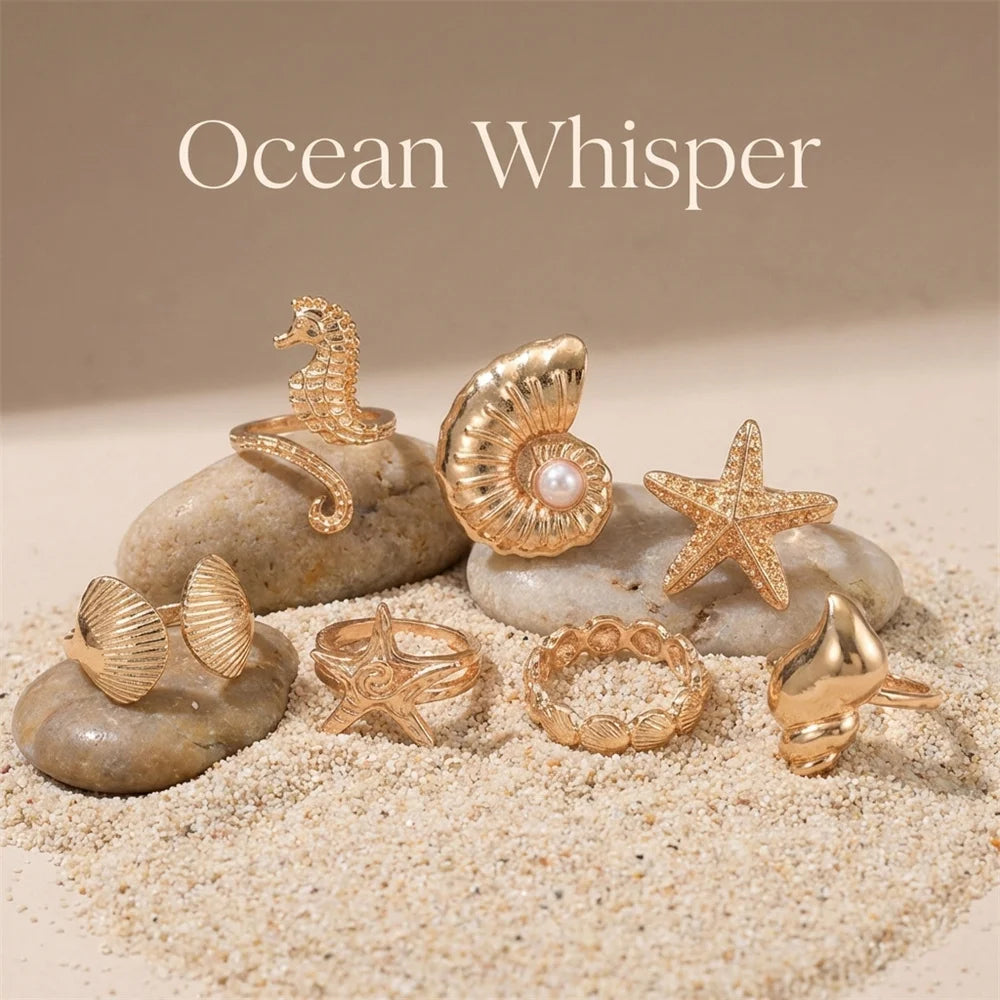 Pearl Starfish Conch Ring Set - VEYAROSE