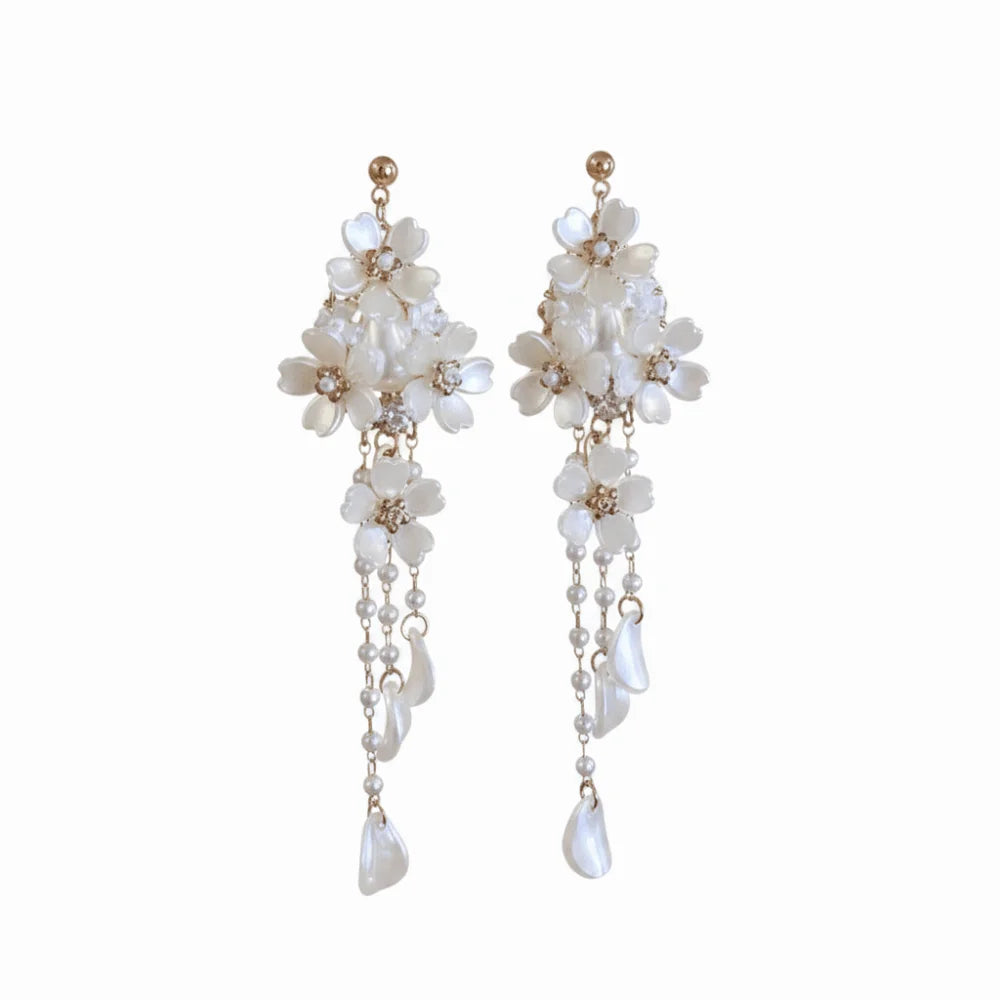 Pearl Flower Tassel Drop Earrings - VEYAROSE