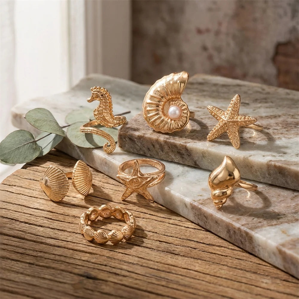 Pearl Starfish Conch Ring Set - VEYAROSE