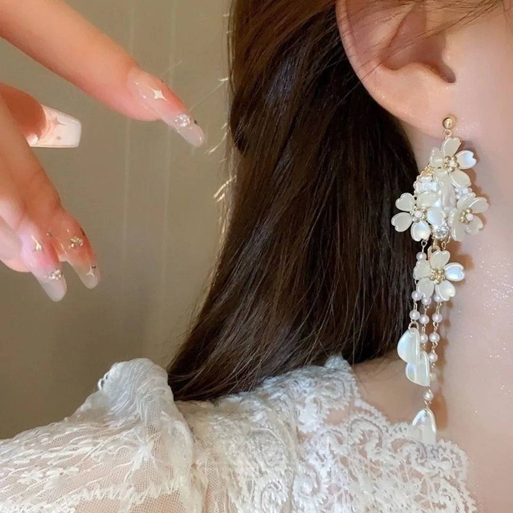 Pearl Flower Tassel Drop Earrings - VEYAROSE