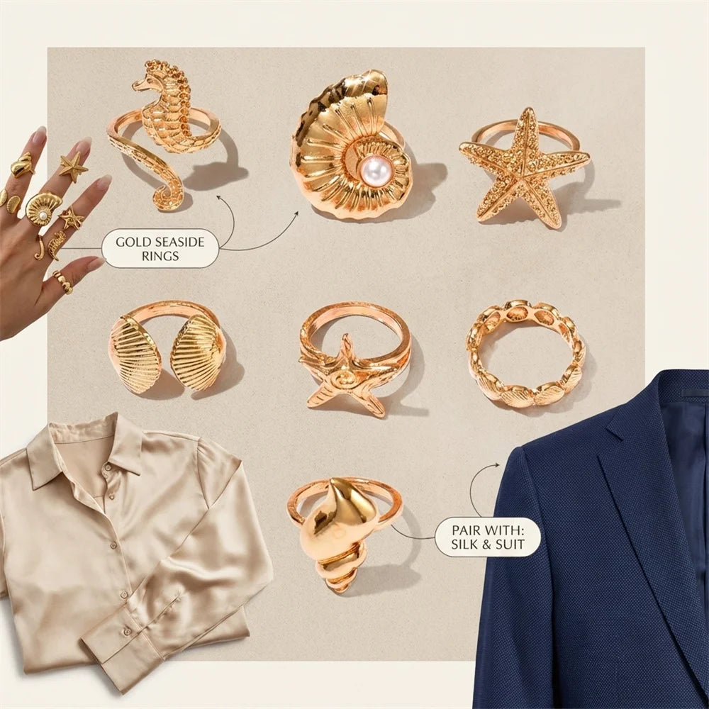 Pearl Starfish Conch Ring Set - VEYAROSE